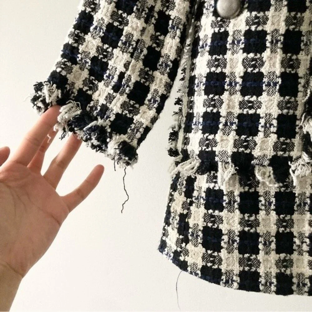 Zara tweed frayed checkered overcoat‎ size M